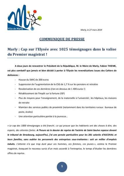 Communiqué de presse suite à l'invitation à l Elysée  le 29 03 19