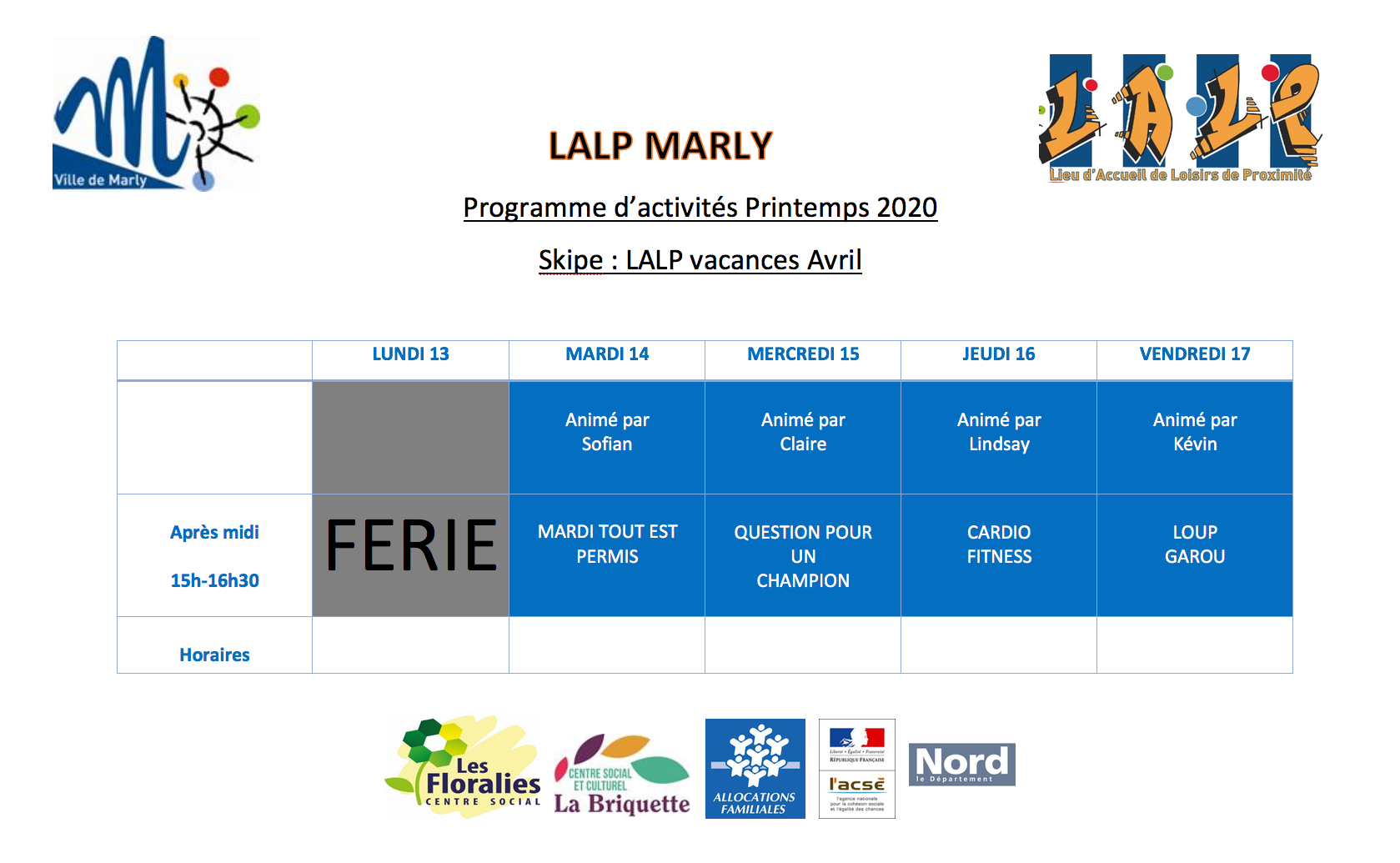 Activités LALP du 13 au 17 avril 2020