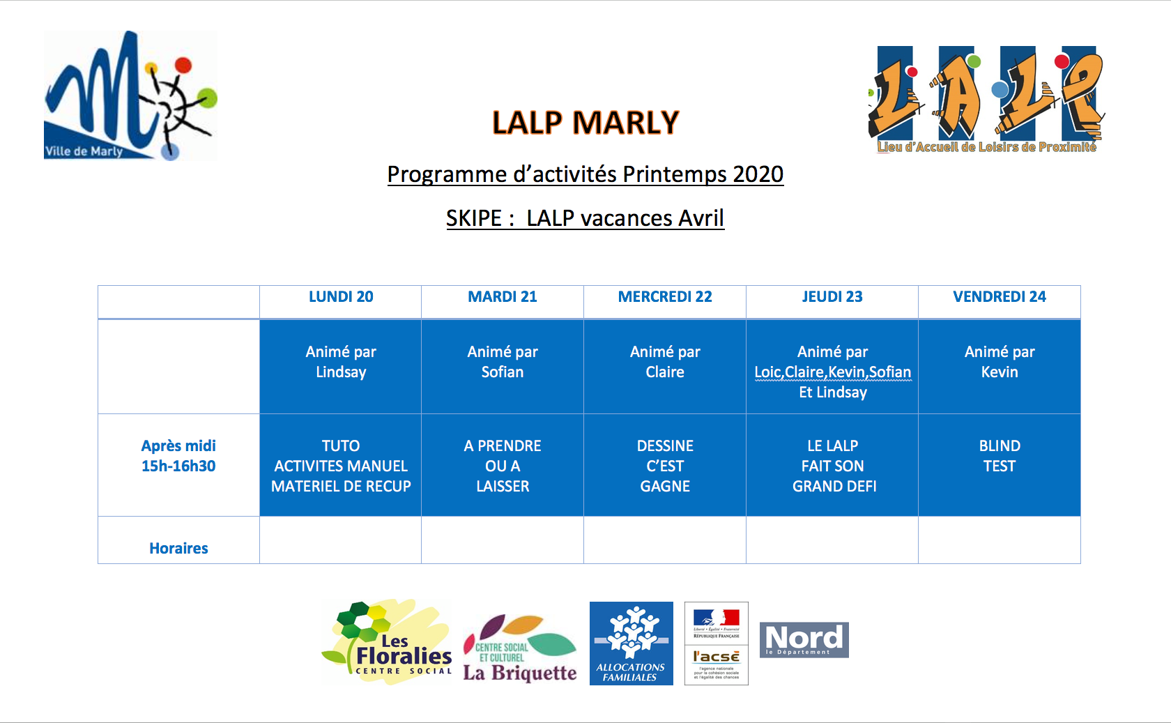 Activités LALP du 20 au 24 avril 2020
