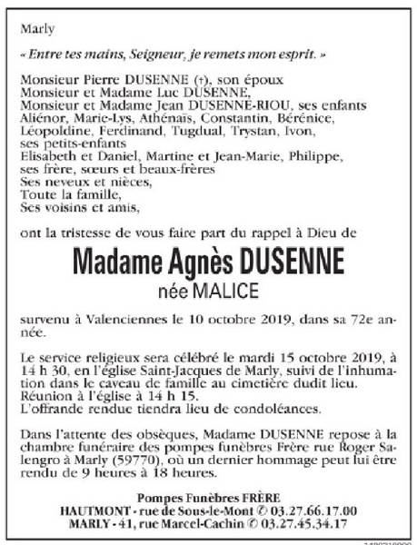Avis de décès Agnès Dusenne