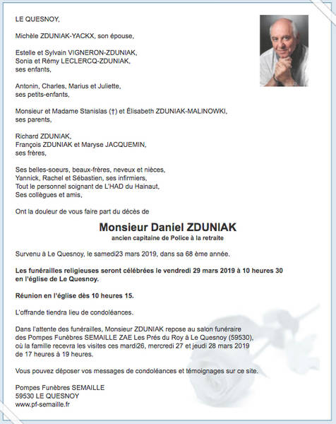 avis de décès daniel zduniak